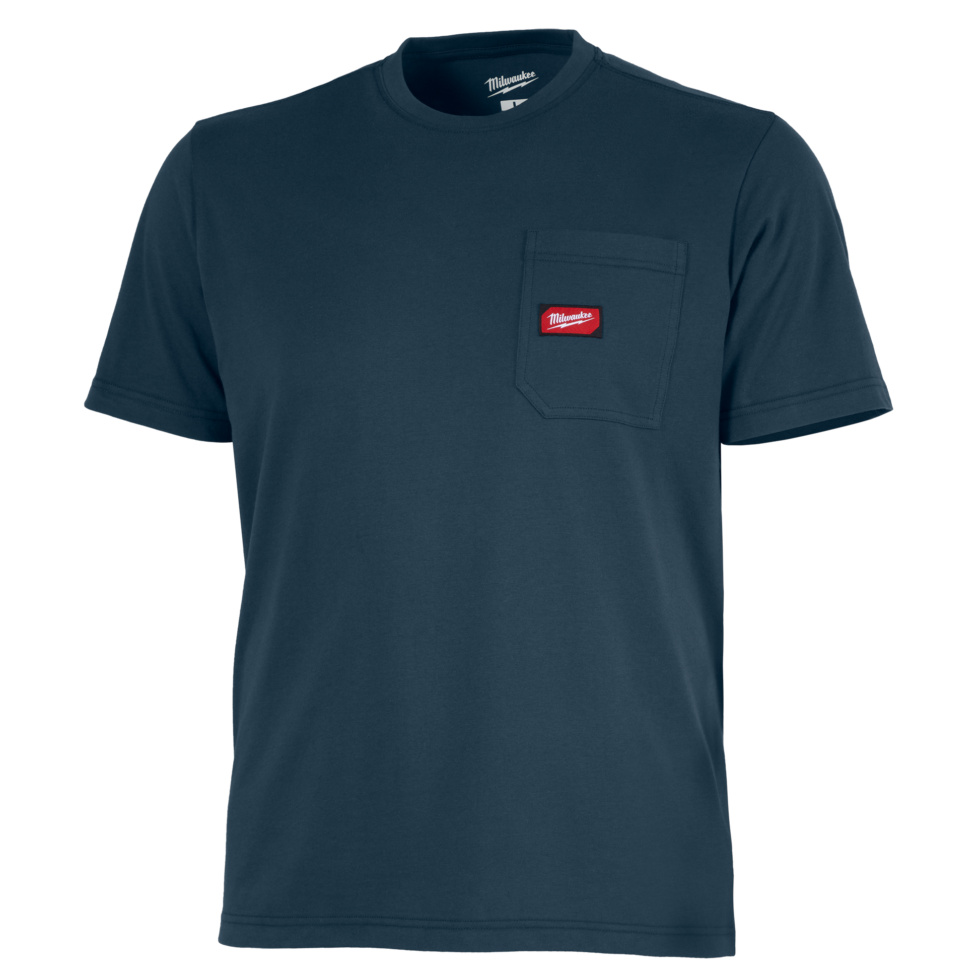 Blue short sleeve work t-shirt with pocket and red Milwaukee logo patch on chest for tools and home improvement tasks
