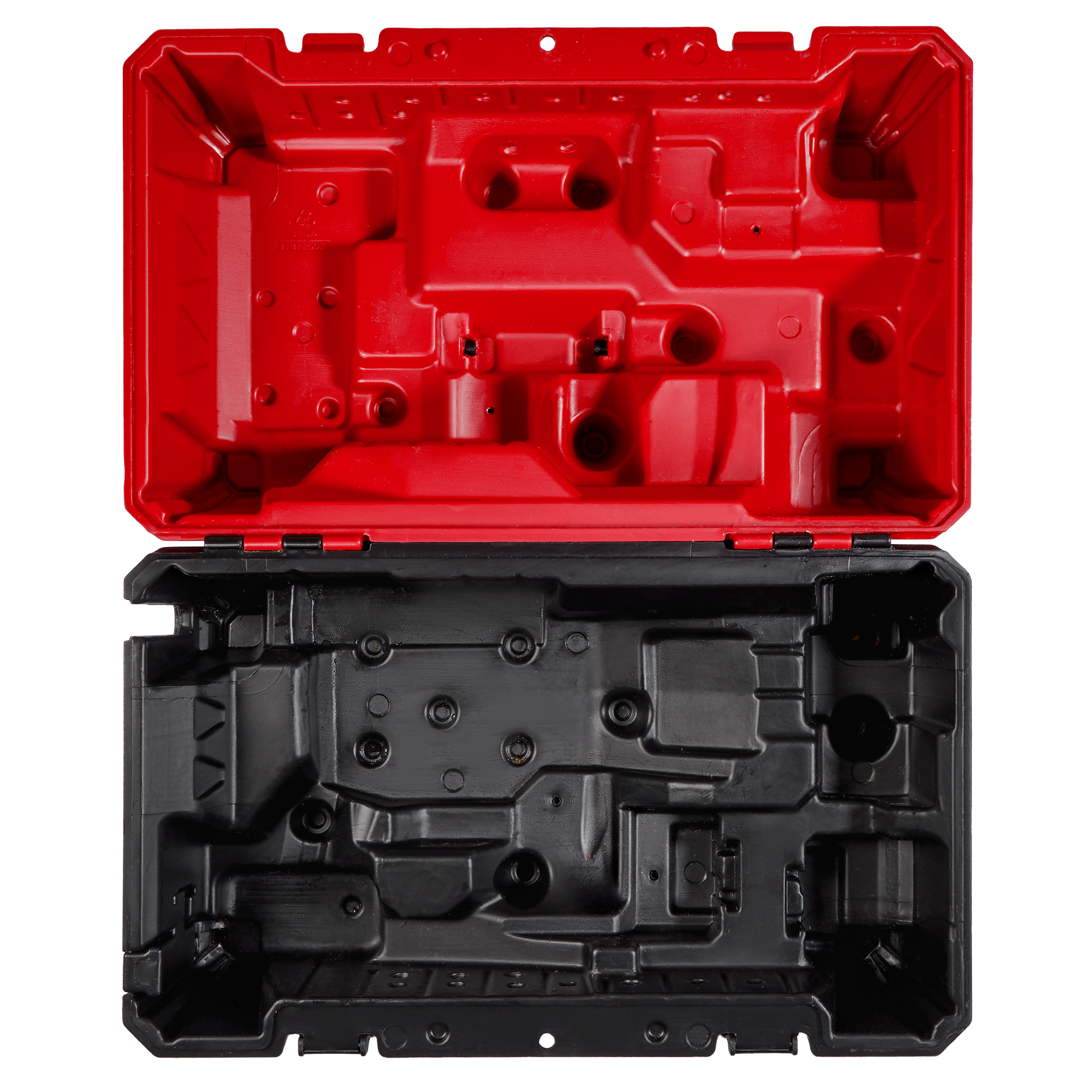 Red and black molded storage case with custom compartments designed for organizing tools and home improvement gear