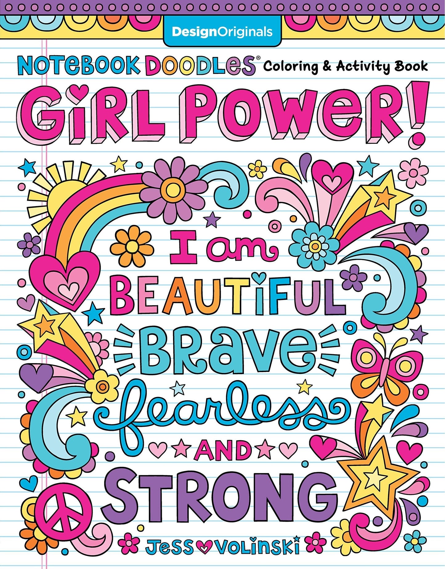 Colorful girl empowerment activity book cover with inspirational words and vibrant rainbow, stars, and flowers illustration