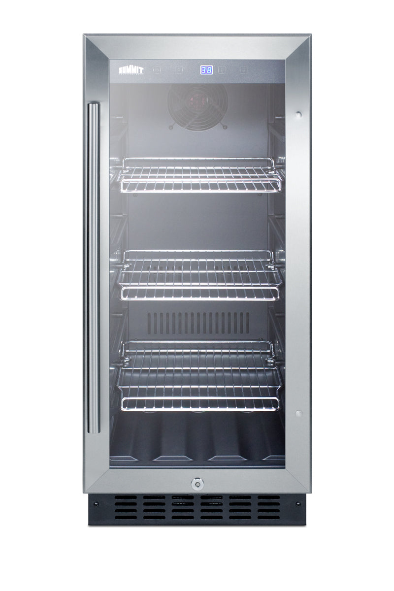 Slim 15" built-in beverage refrigerator with stainless steel trim, glass door, wire shelving, digital temperature display, and lockable base vent