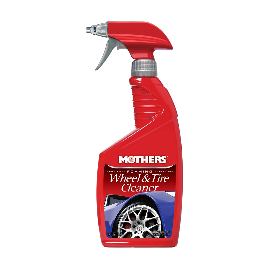 Red spray bottle of Mothers foaming wheel and tire cleaner with automotive wheel image for under $50 collection