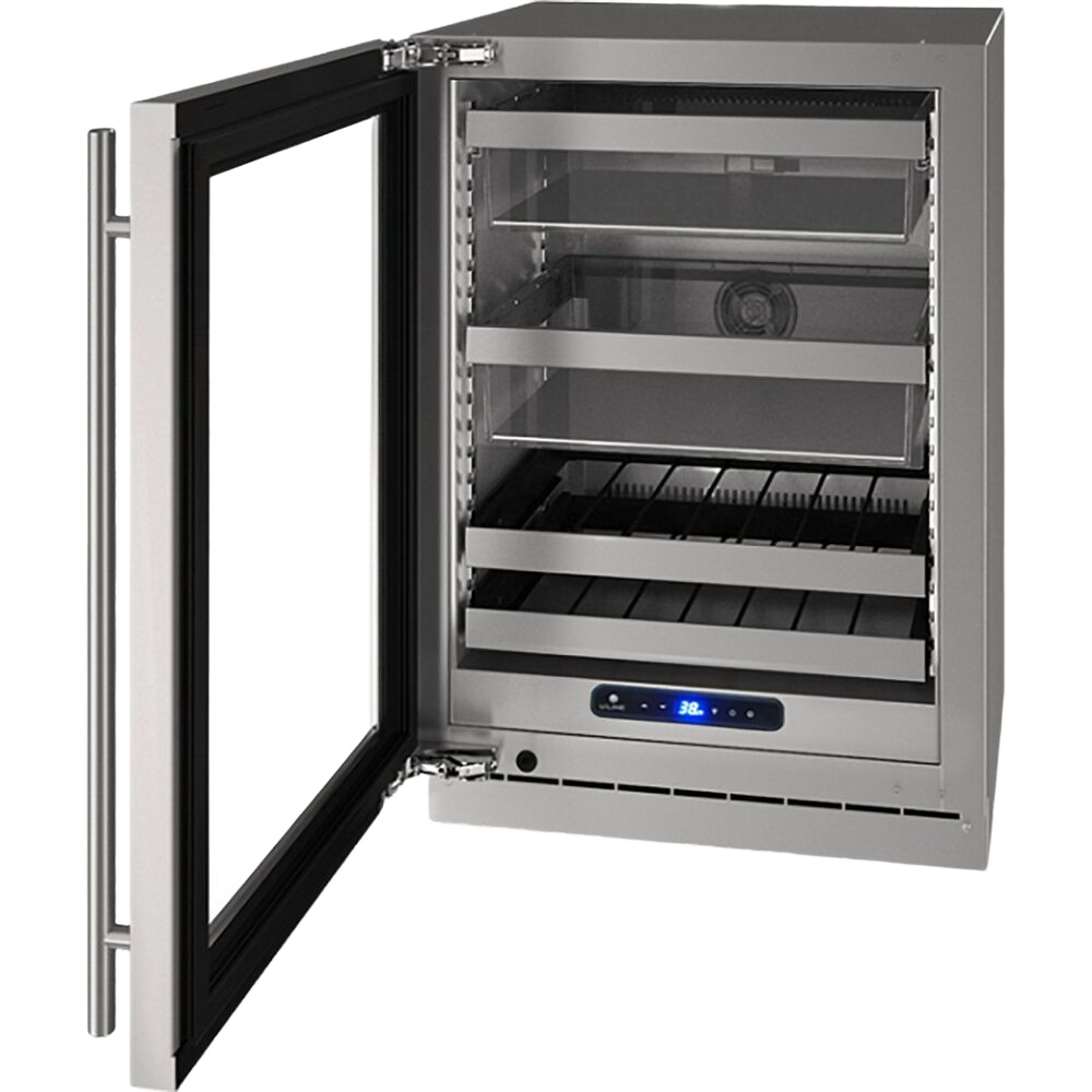 Stainless steel 24-inch beverage center with lock, glass door, adjustable shelves, and digital temperature control from Appliances collection