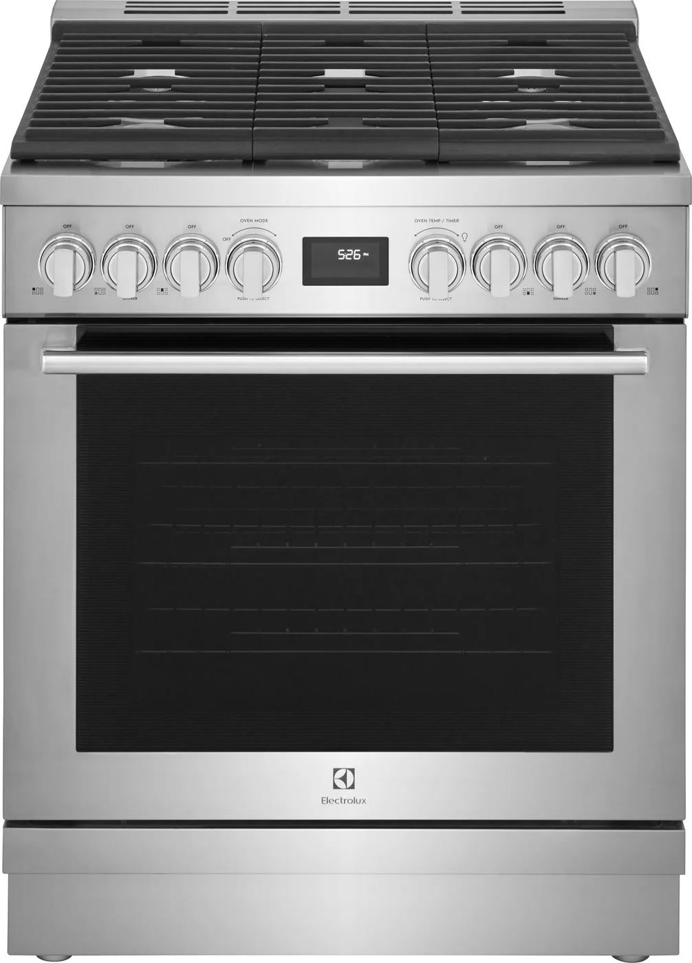 30-inch stainless steel dual-fuel range with gas cooktop and electric oven in kitchen appliances collection