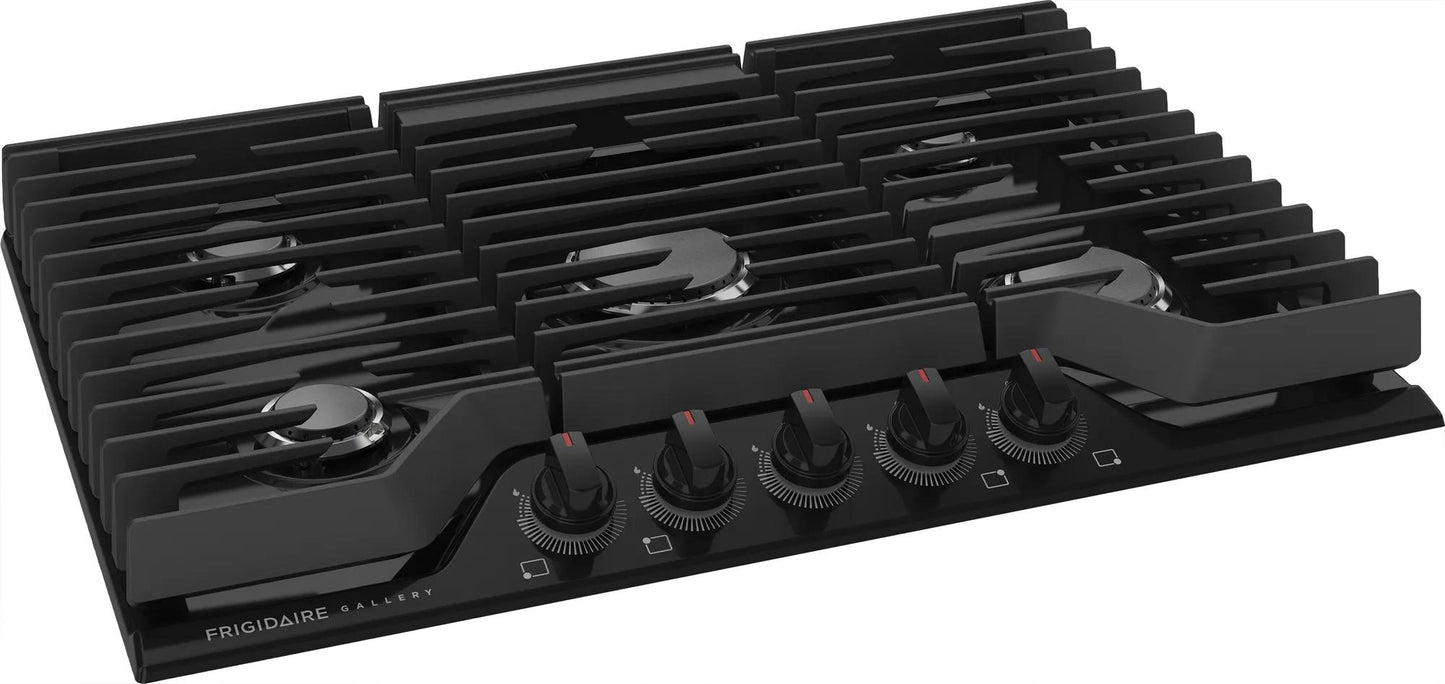 Black 30-inch gas cooktop with five burners and continuous cast iron grates for versatile kitchen cooking tasks