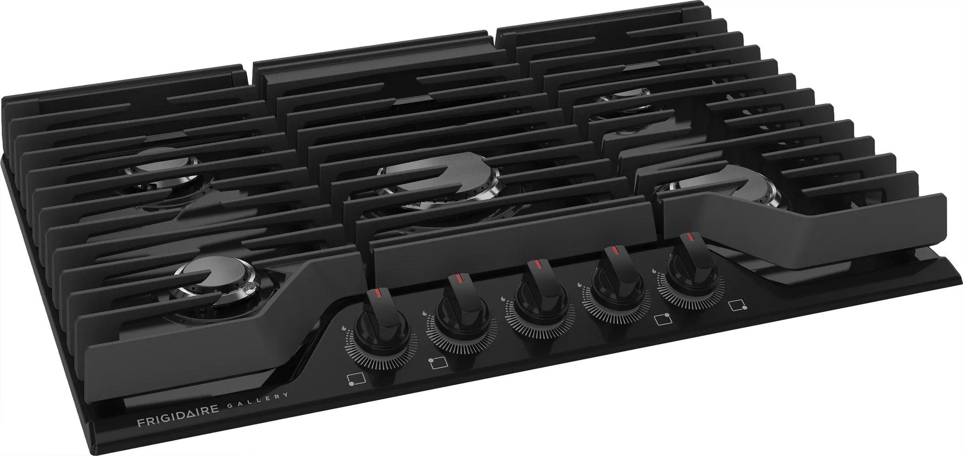 Black 30-inch gas cooktop with five burners and continuous cast iron grates for versatile kitchen cooking tasks