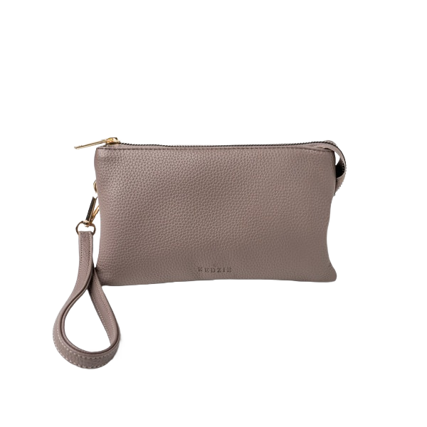 Taupe textured vegan leather convertible wallet with wristlet strap and subtle embossed logo in Accessories and Bags & Wallets under $100 collection