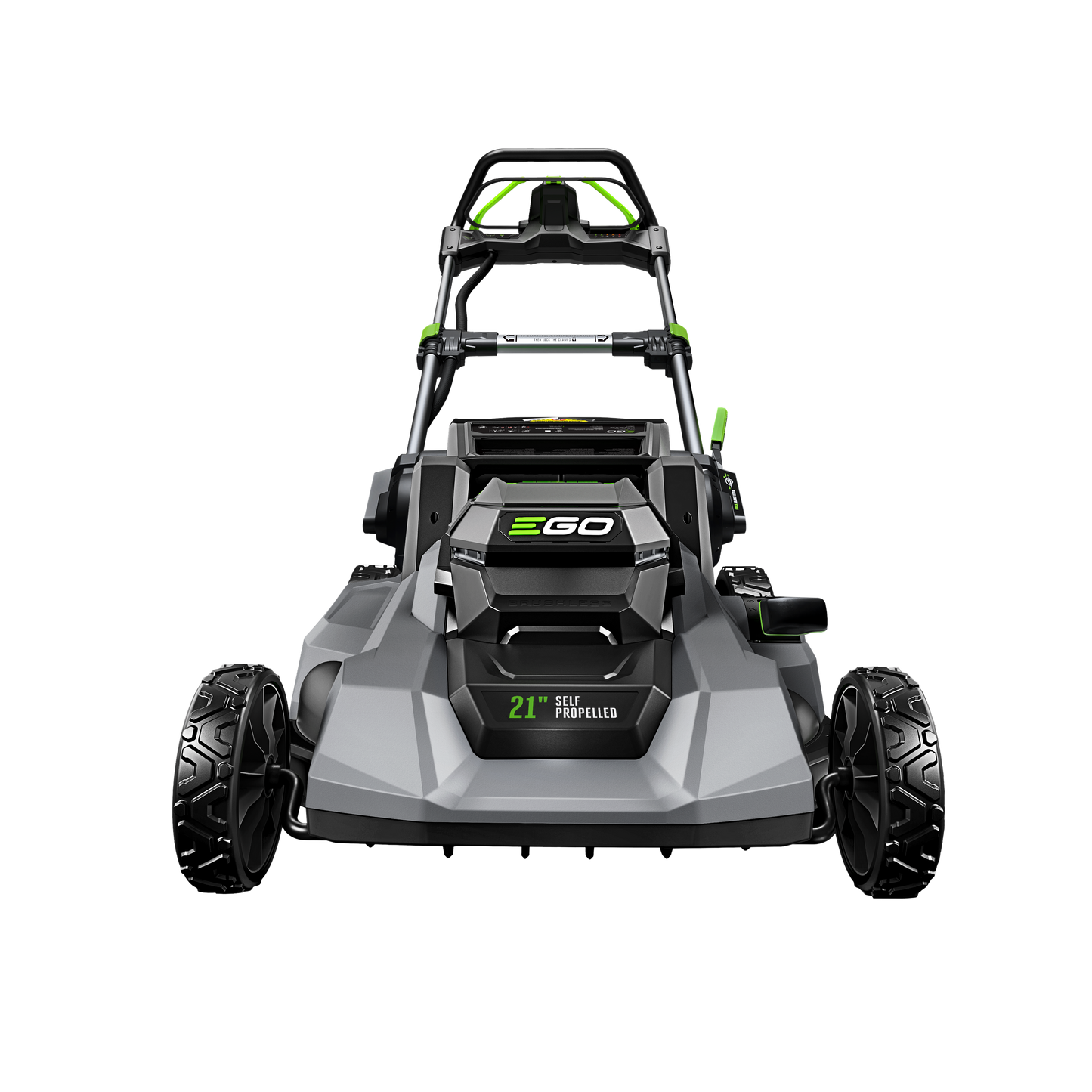 Front view of gray self-propelled lawn mower with black and green accents for outdoor power equipment collections