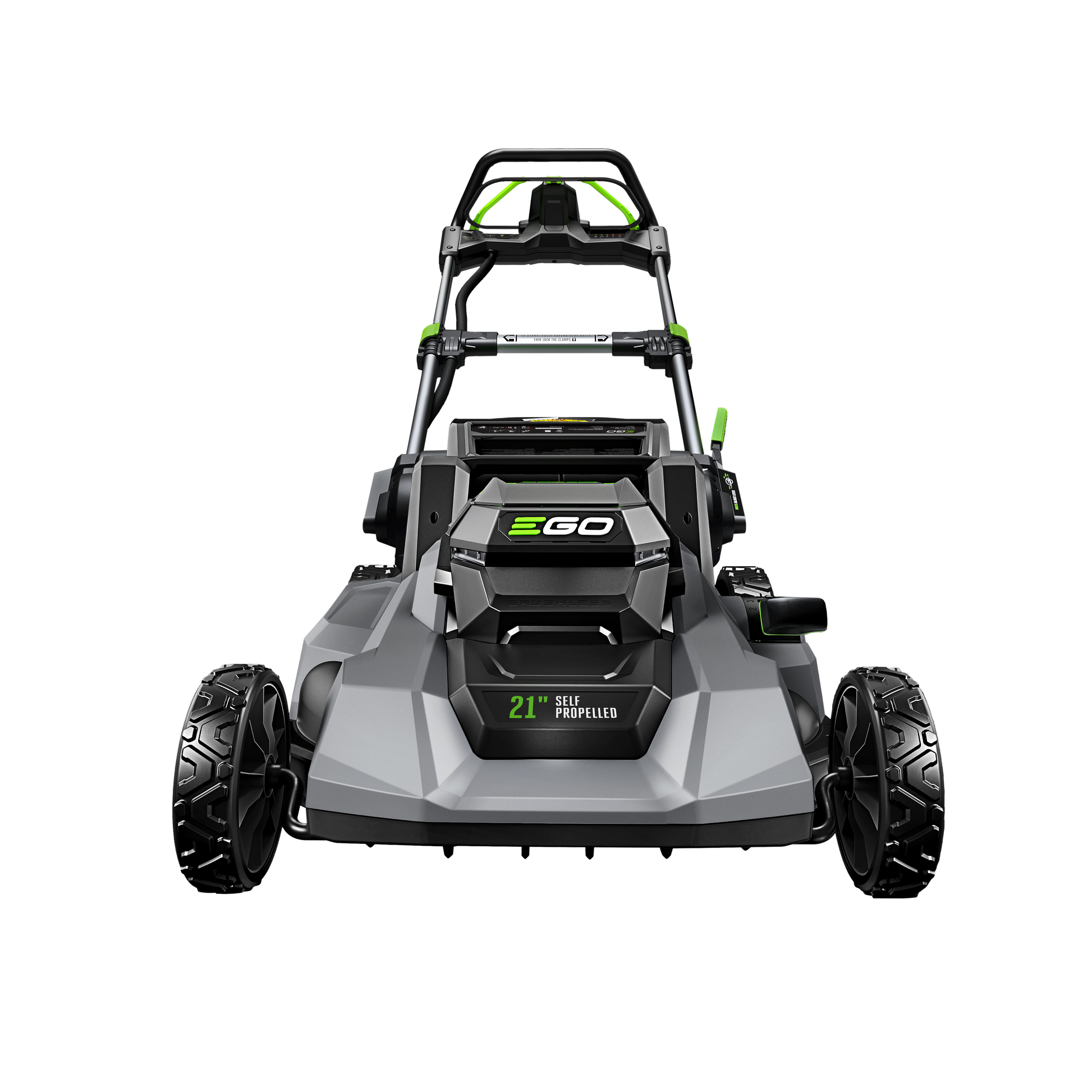 Front view of gray self-propelled lawn mower with black and green accents for outdoor power equipment collections