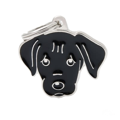 Black Labrador-shaped ID tag with smooth enamel finish and attached silver keyring for pet identification purposes