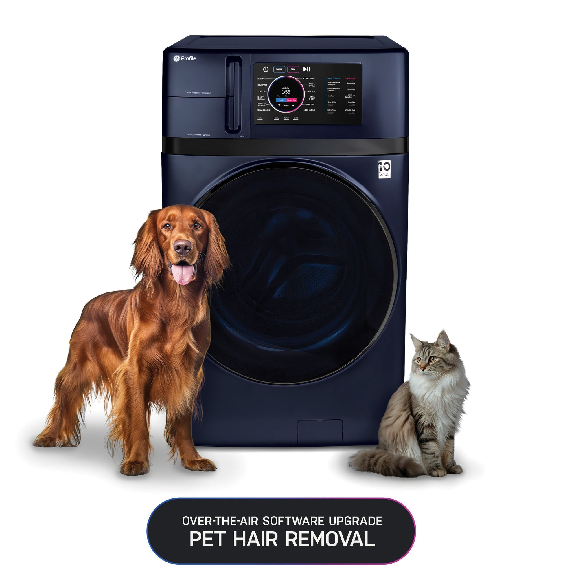 Dark gray washer/dryer combo with digital display beside a dog and cat, highlighting pet hair removal feature