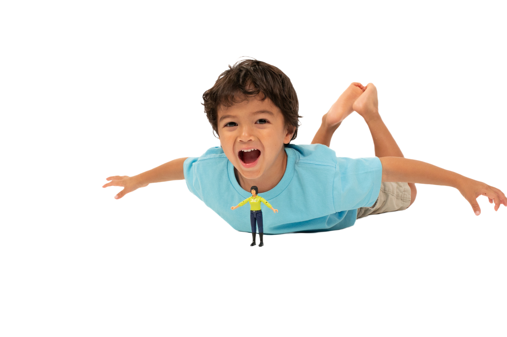 Child playing with small toy figure of woman in blue jeans, part of Bruder Toys collection for imaginative play.