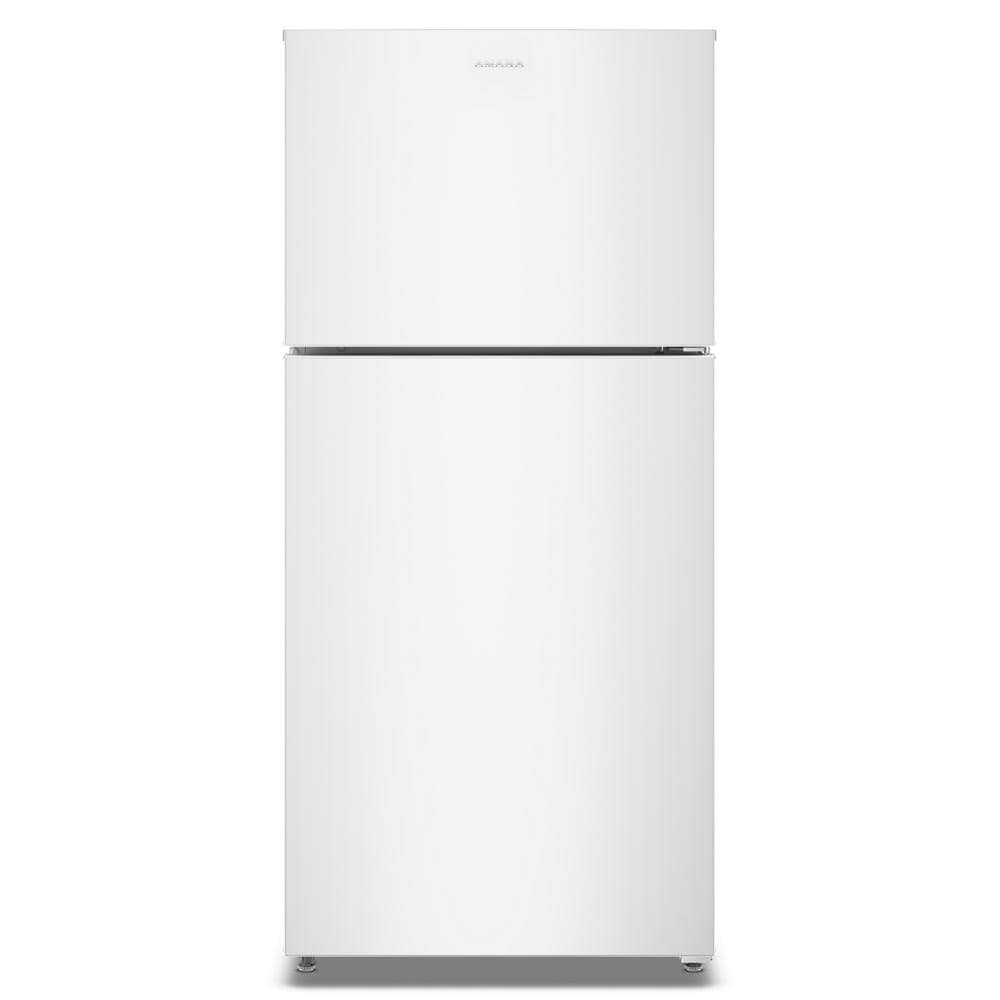 White top-freezer refrigerator with clean lines and a simple design, suitable for kitchen, appliances, and home improvement collections.