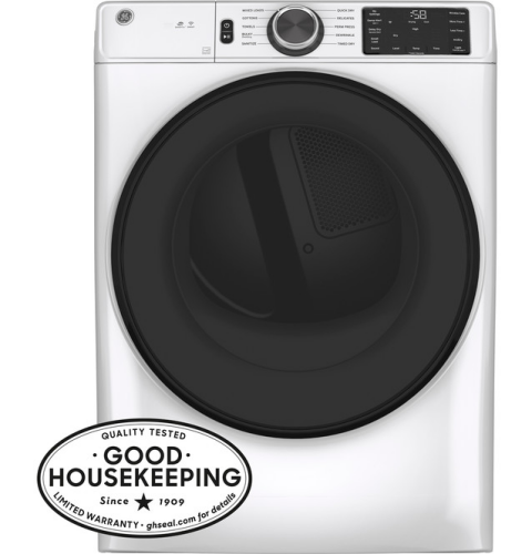 White electric dryer with large tinted door and digital controls for appliances and home improvement projects