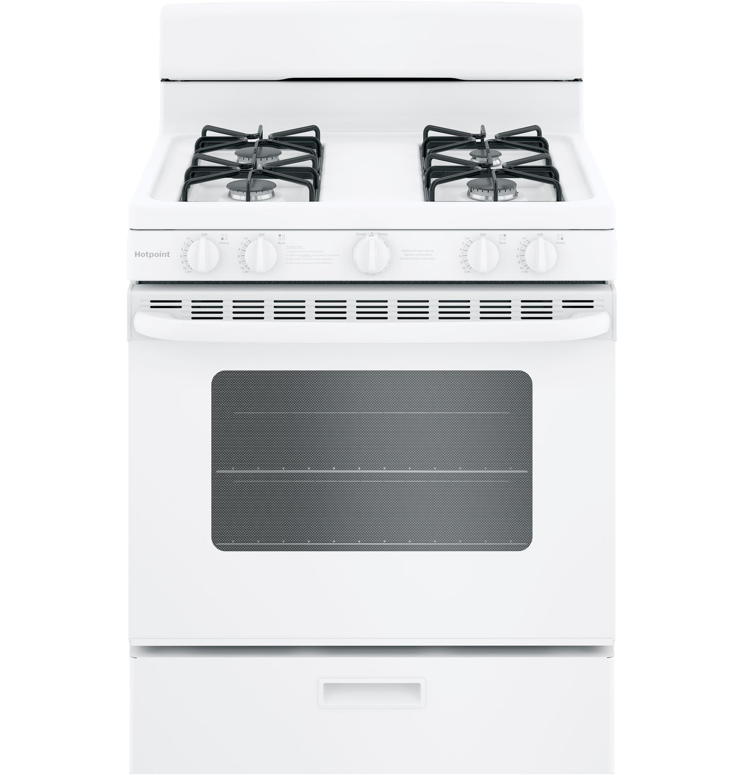 White free-standing gas range with four burners and front control knobs in ranges and kitchen appliances collection