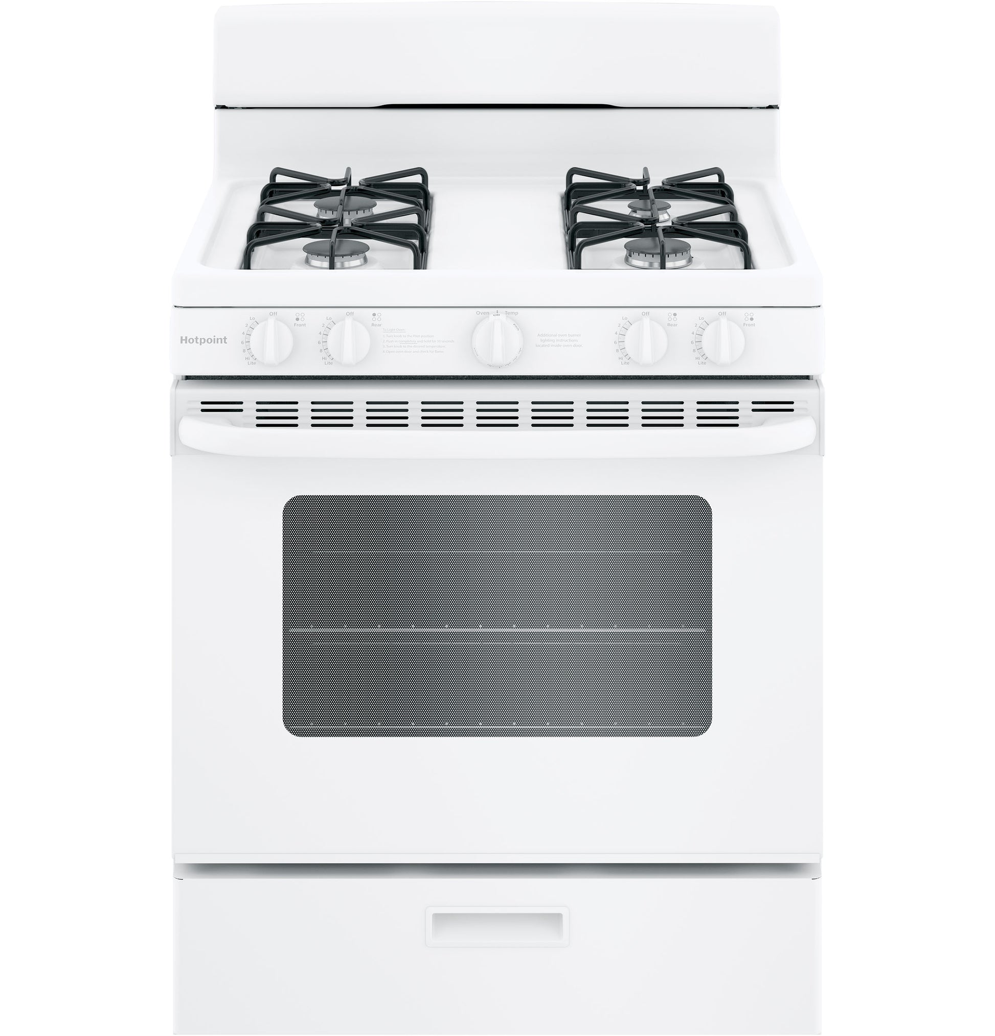 White free-standing gas range with four burners and front control knobs in ranges and kitchen appliances collection