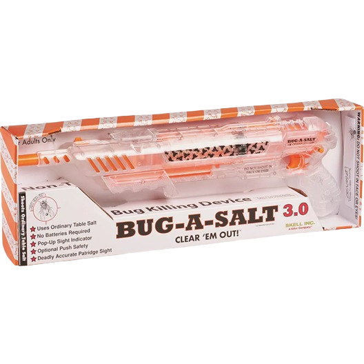 Clear plastic salt-shooting bug killer with orange accents for eco-friendly insect and pest control in lawn and garden use