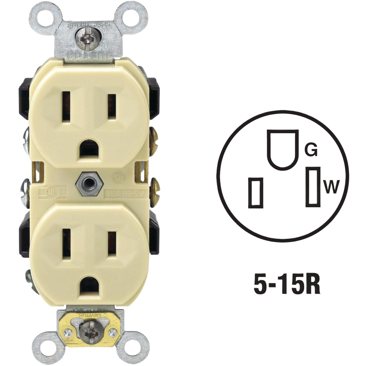 Ivory shallow commercial grade duplex electrical outlet with 15 amp rating for home improvement use