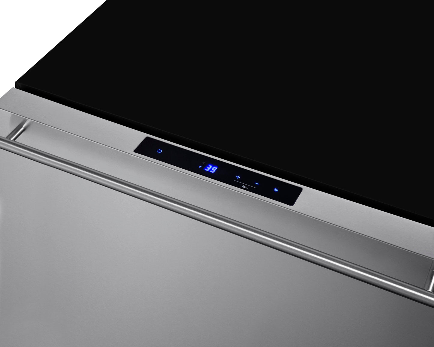 Close-up of stainless steel drawer refrigerator temperature control panel with blue digital display in appliances collection