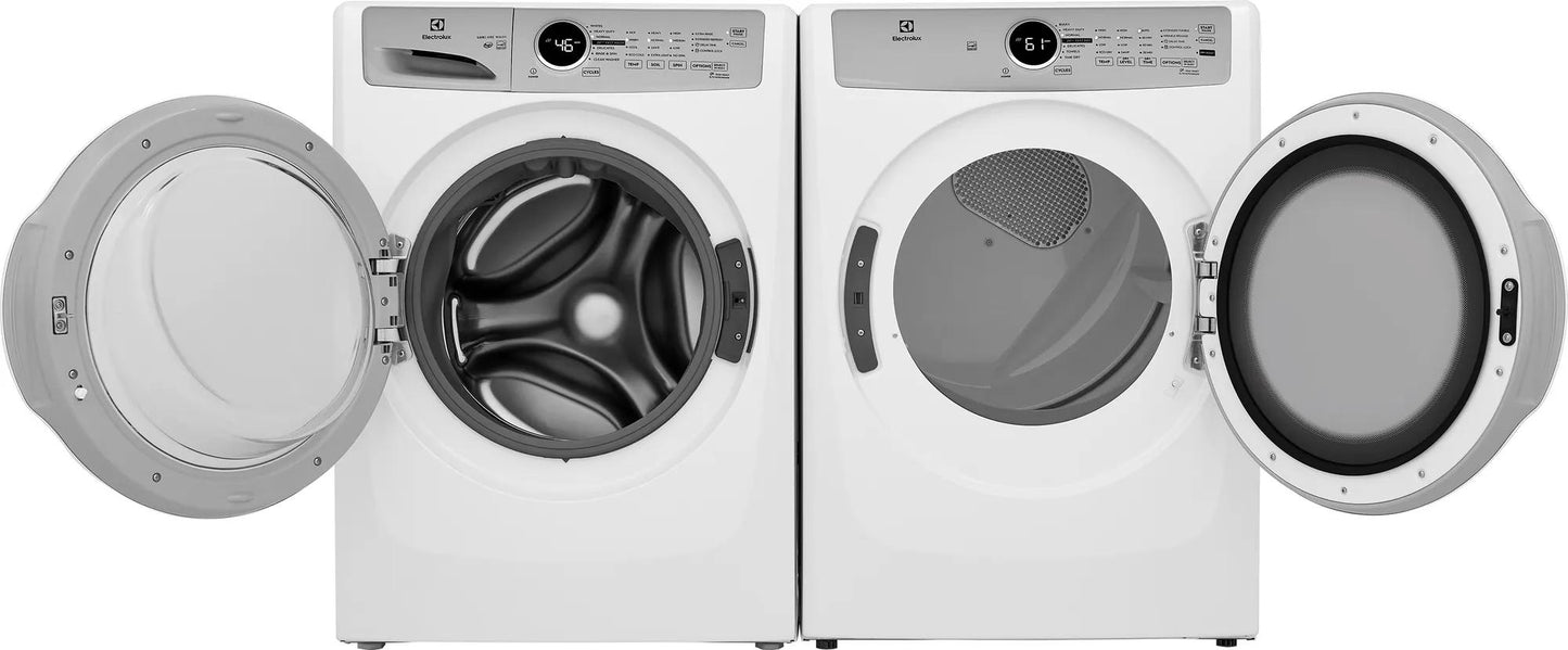 White front load gas dryer and washer pair with open doors and digital displays from Dryers, Appliances, and Washers & Dryers collections