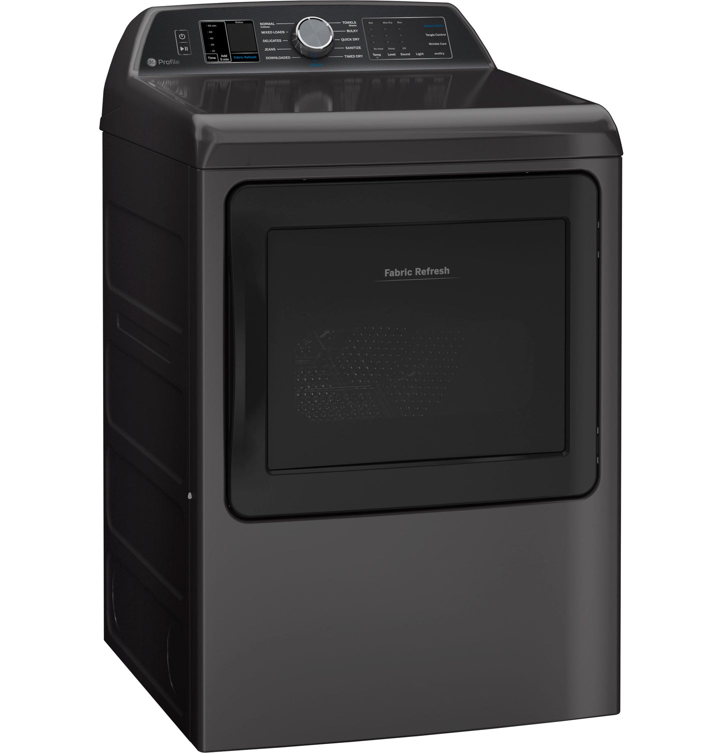 Black smart gas dryer with digital controls and fabric refresh feature in Dryers and Appliances collections