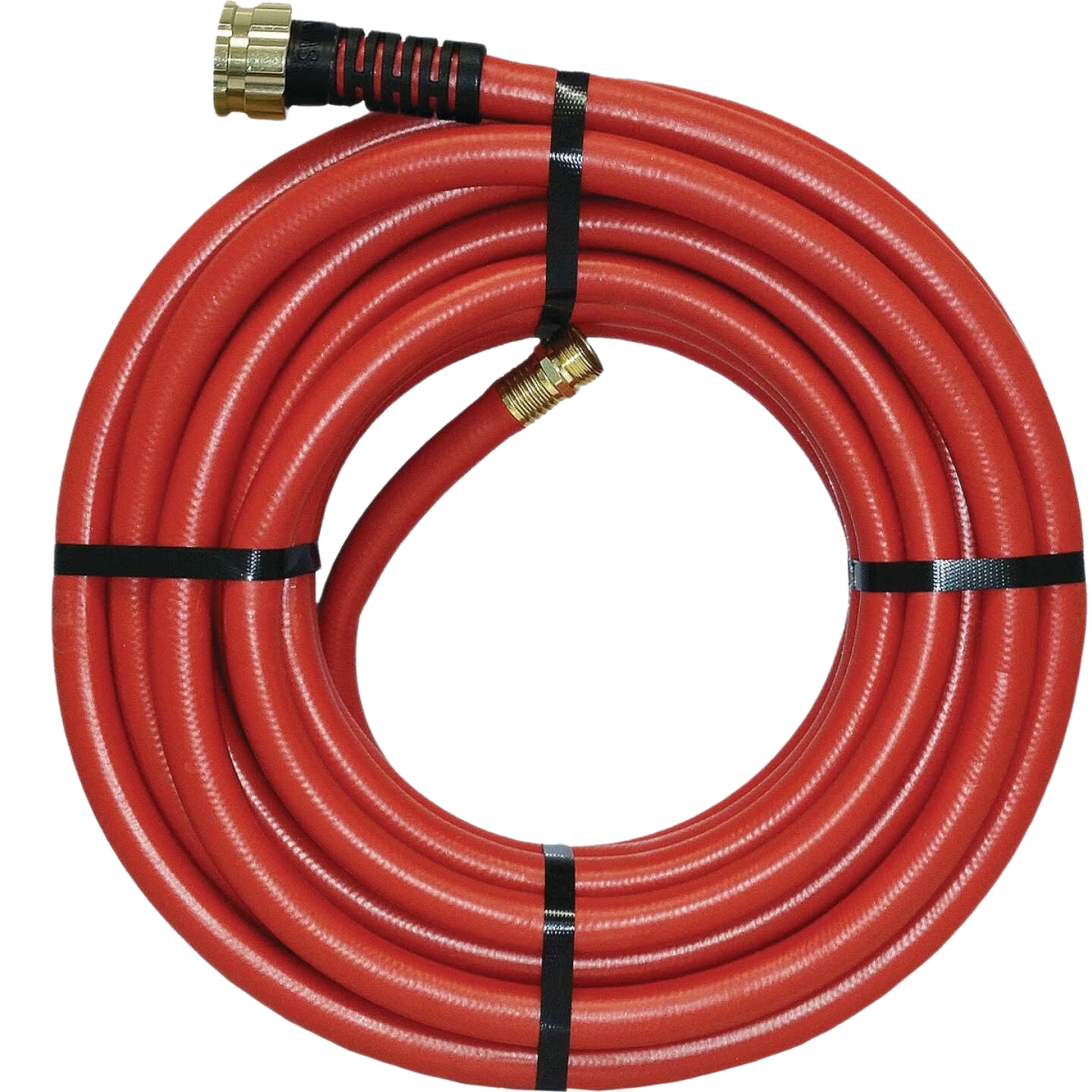 Coiled red rubber water hose with brass fittings for watering and irrigation in garden hose and lawn care collections