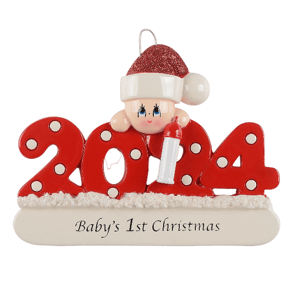 Red 2024 ornament with baby figure wearing Santa hat and "Baby's 1st Christmas" text for holiday decoration under $50 collection