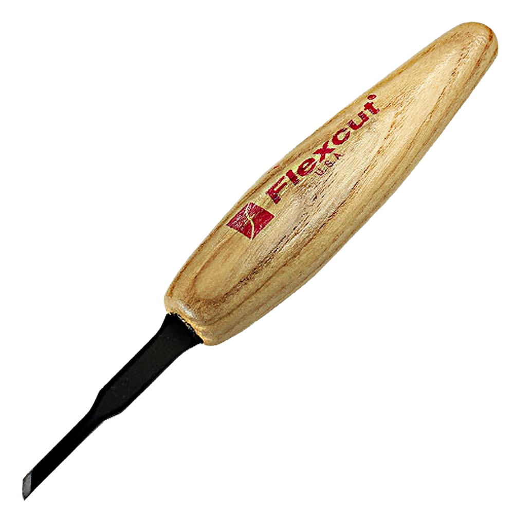 Wood carving tool with ergonomic wooden handle and small angled blade for precision shaping in home improvement tasks
