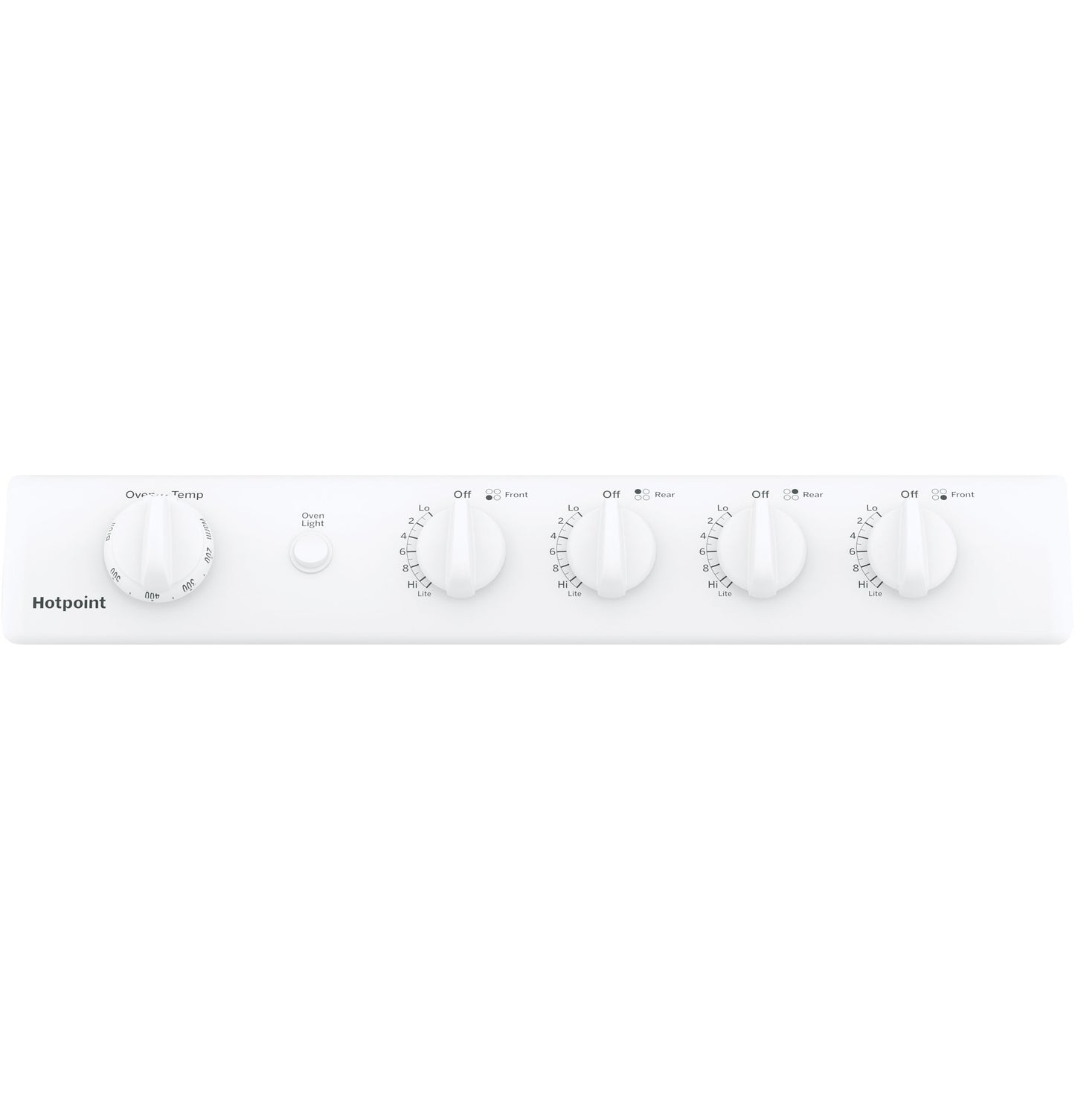 Close-up of white front-control panel with five knobs and oven light indicator on gas range from kitchen appliances collection