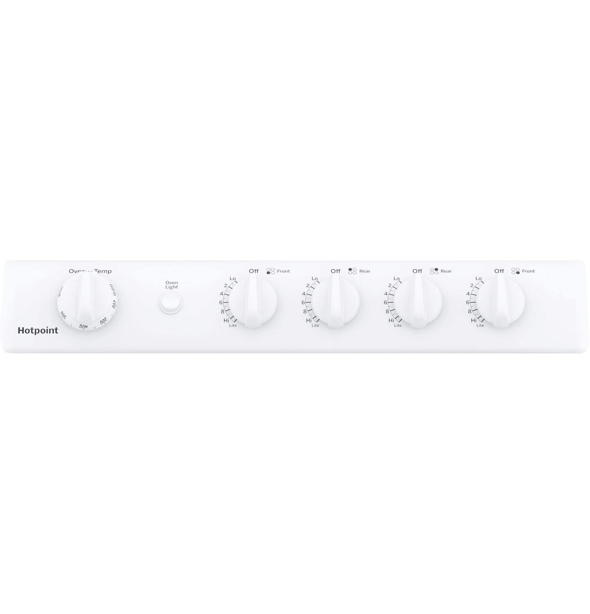 Close-up of white front-control panel with five knobs and oven light indicator on gas range from kitchen appliances collection