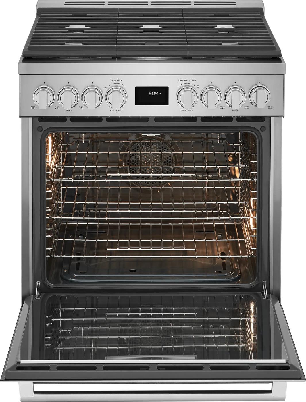 30-inch stainless steel freestanding gas range with front knobs, true convection oven, and open door from Ranges collection