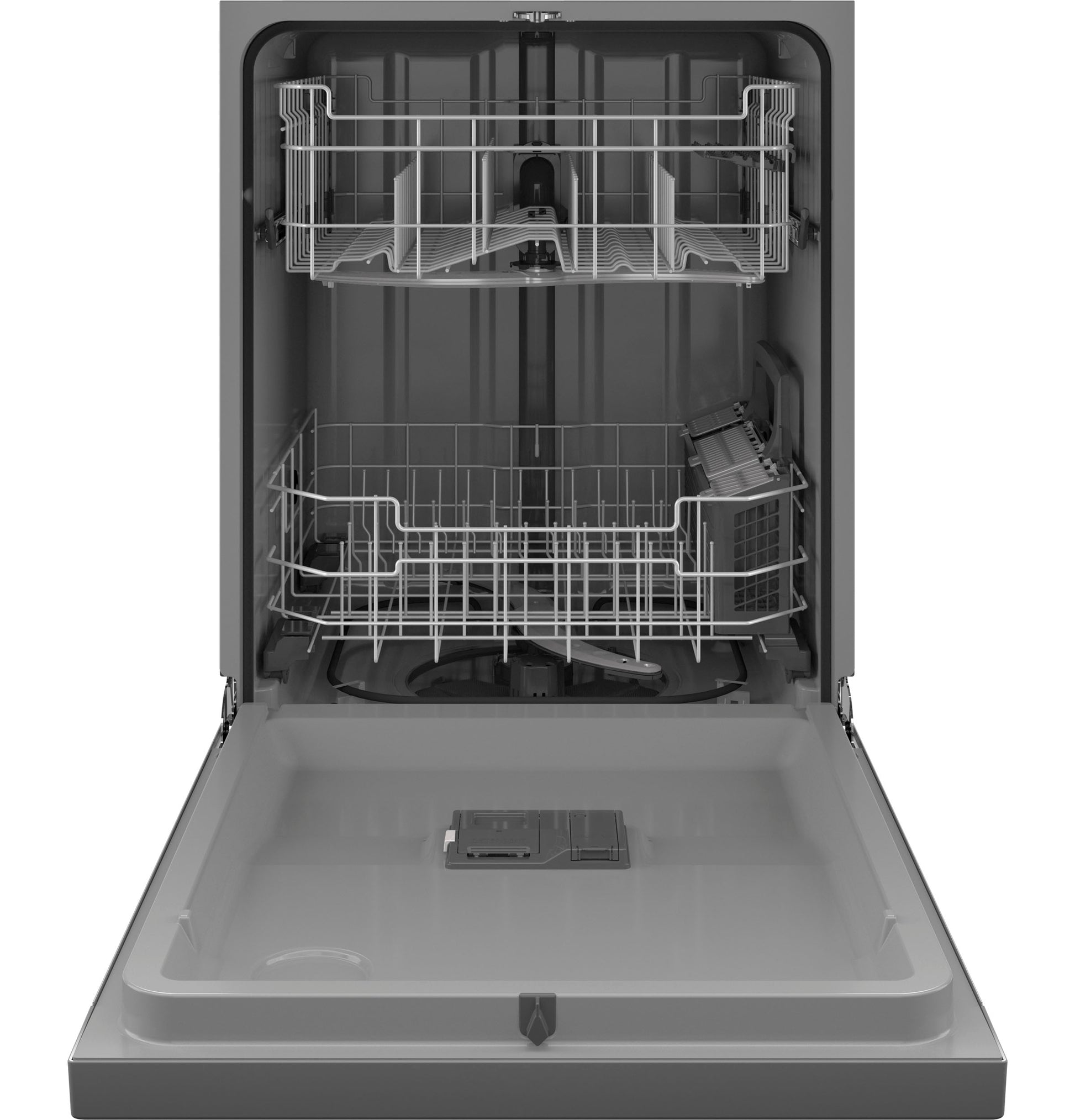 Open dishwasher with plastic interior racks and sanitizer cycle compartment from kitchen appliance collection