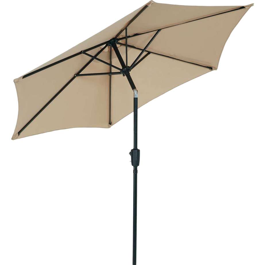 Tan aluminum tilt and crank patio umbrella providing shade for outdoor living, patio furniture, and lawn & garden spaces under $100