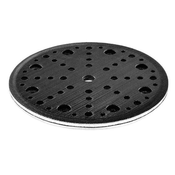 Black round interface sander backing pad with multiple holes for dust extraction in home improvement tools category