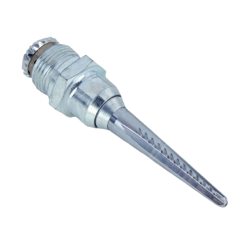 Metal spindle component with threaded base and tapered shaft designed for cotton picking machinery use