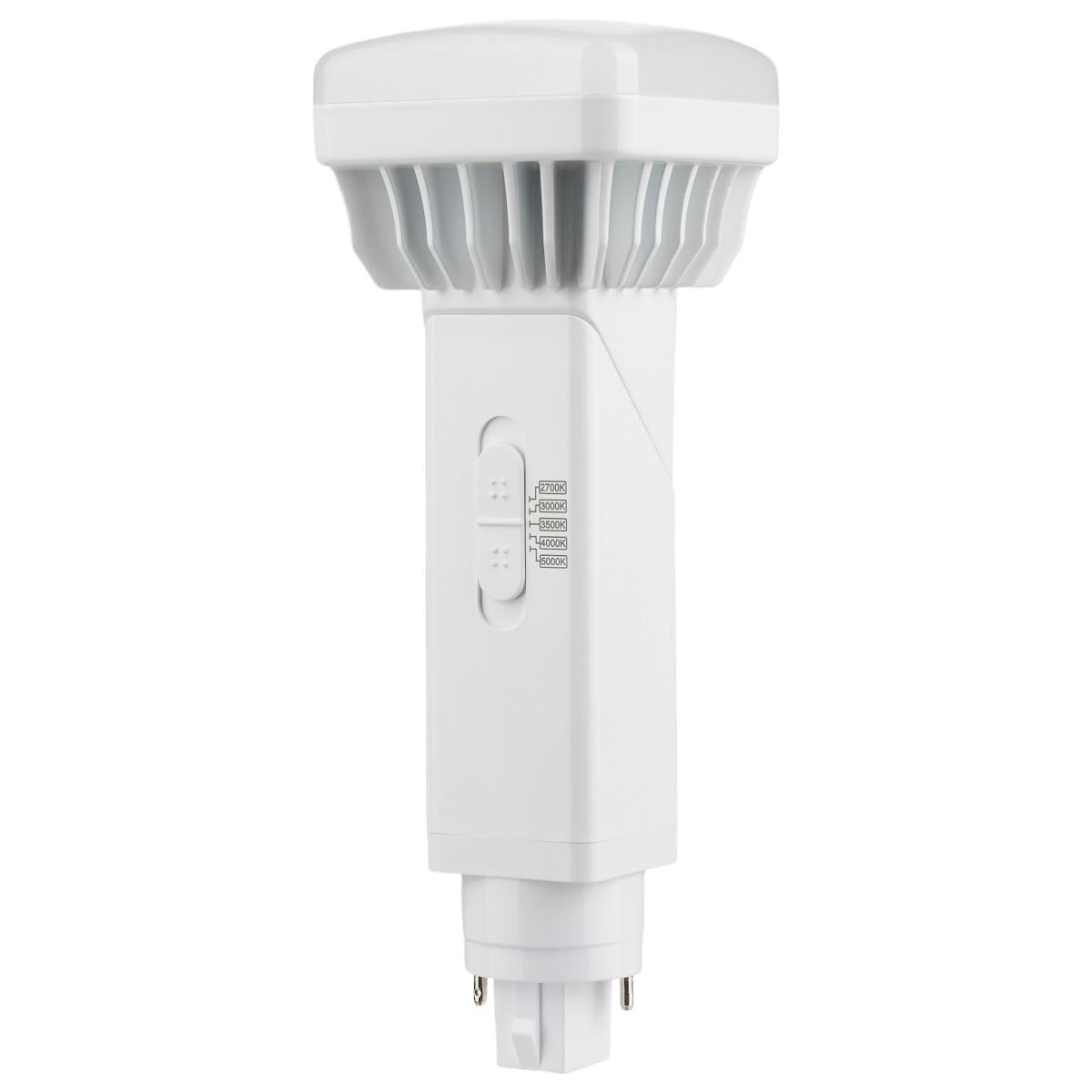 Compact white LED lamp with heat-dissipating fins and two-pin base for energy-saving home improvement lighting