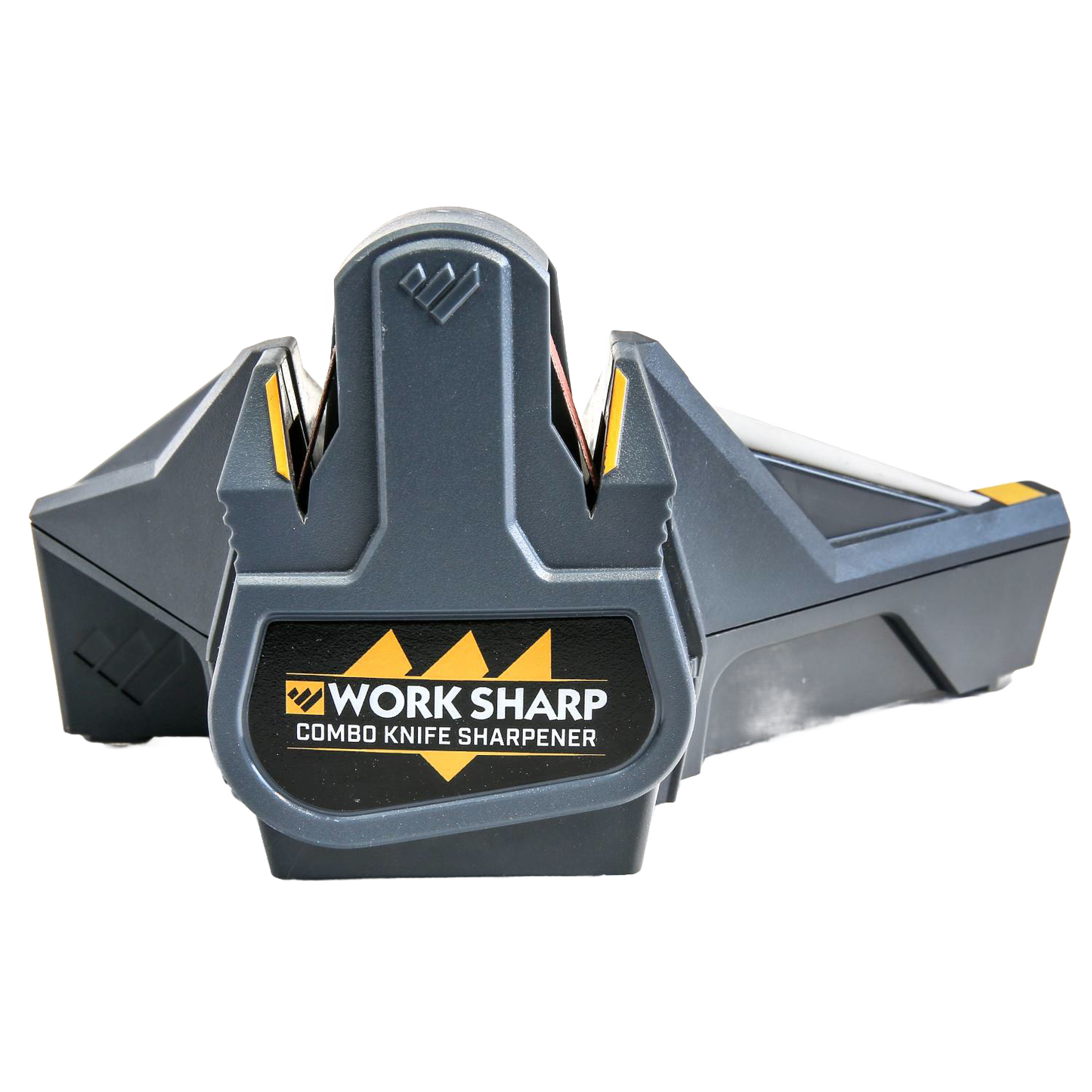 Compact black and gray combo knife sharpener with dual sharpening slots, part of Hand Tools and Sharpeners collections