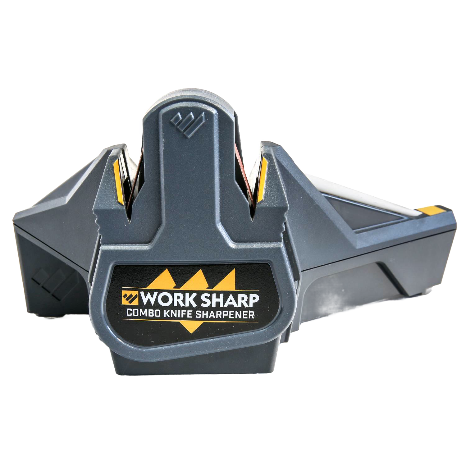 Compact black and gray combo knife sharpener with dual sharpening slots, part of Hand Tools and Sharpeners collections