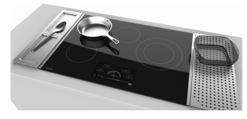 Sleek black glass electric cooktop with four heating zones, digital controls, and stainless steel side trays for kitchenware collections