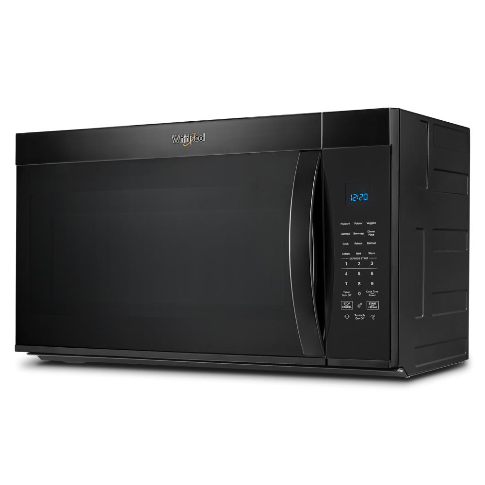 Black over the range microwave with digital control panel and curved handle for kitchen appliance and home improvement use