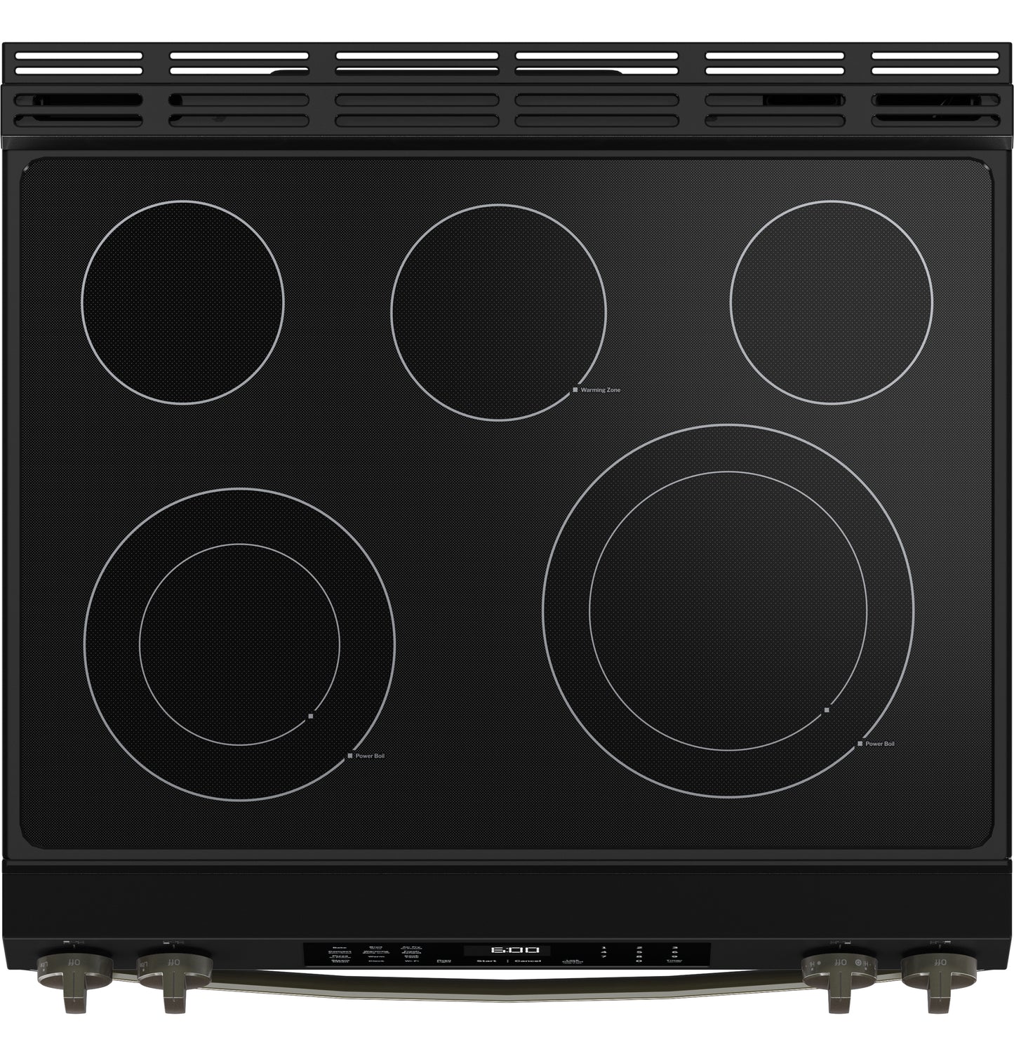 Top view of a black smooth cooktop electric range with five radiant heating elements from electric ranges collection