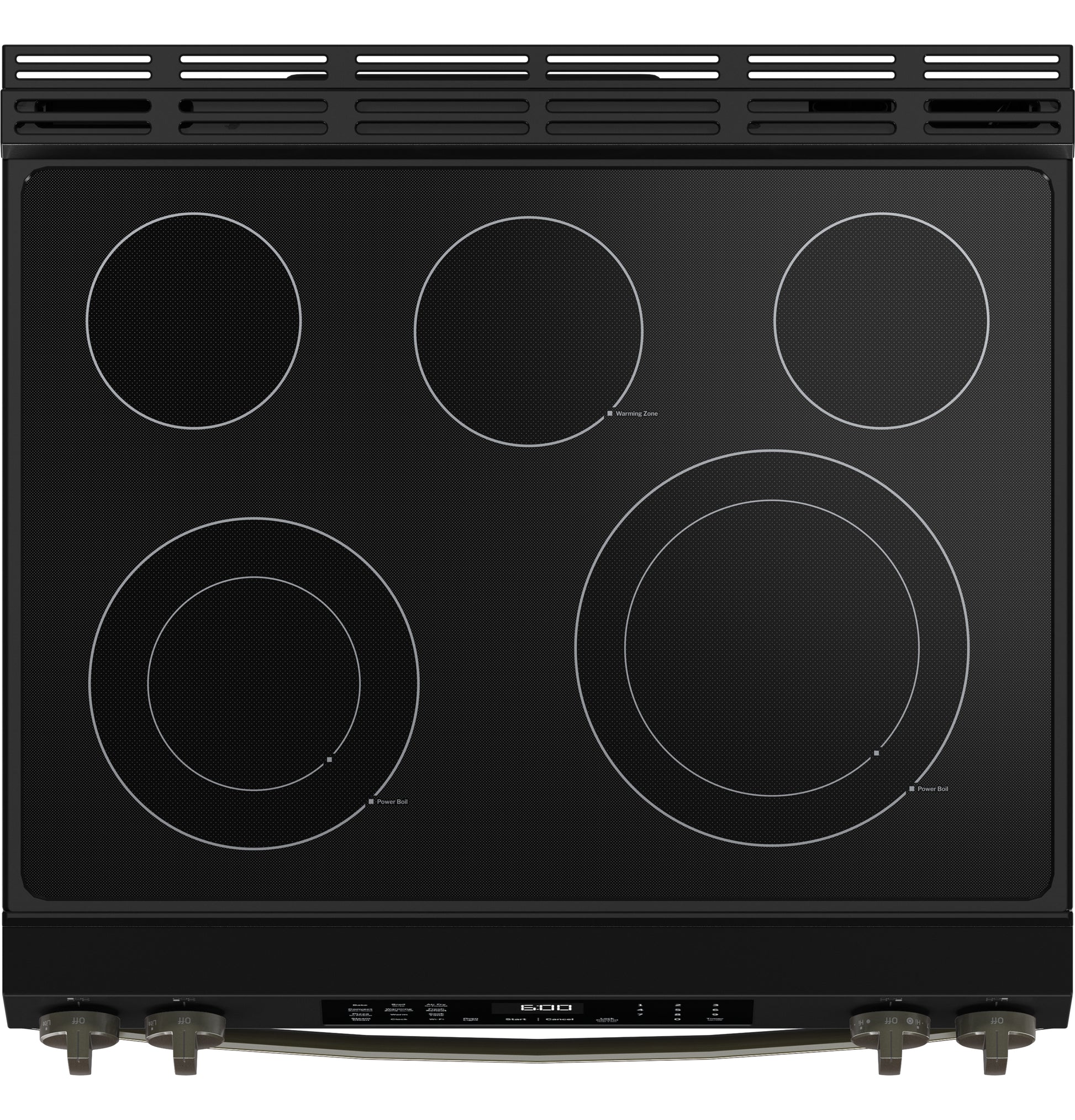 Top view of a black smooth cooktop electric range with five radiant heating elements from electric ranges collection