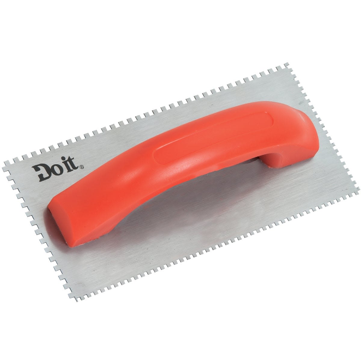 Notched metal trowel with orange ergonomic handle for spreading adhesive in home improvement projects