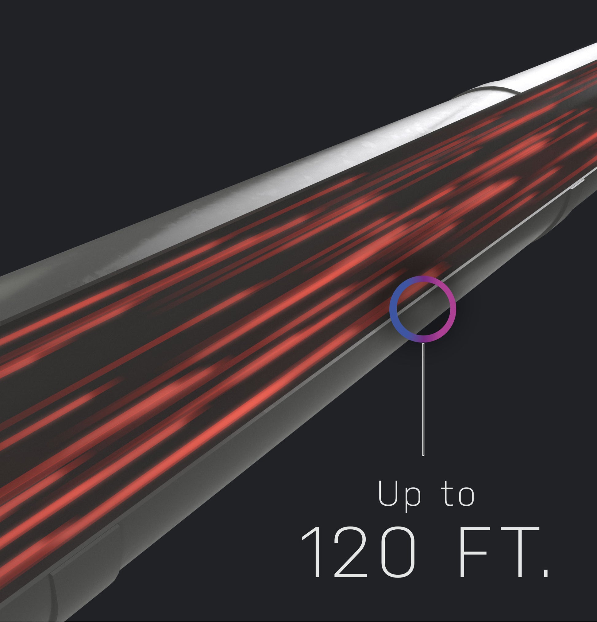 Stylized graphic showing airflow path up to 120 feet in a home appliances dryer system illustration