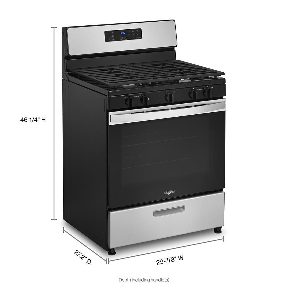 Freestanding black and stainless steel gas range with edge to edge cooktop and digital control panel from Ranges collection