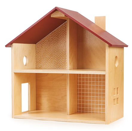 Minimalist wooden dollhouse with two floors and red slanted roof, featuring patterned interior walls