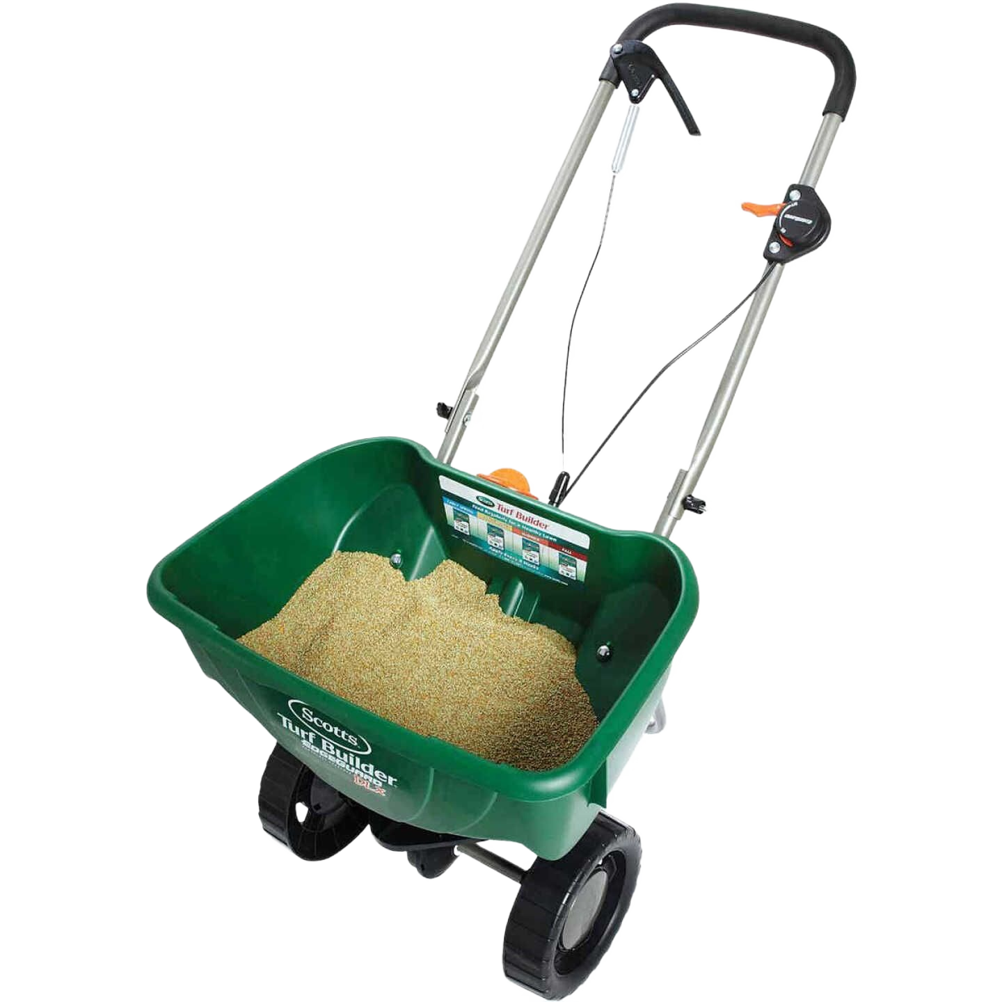 Green broadcast spreader with dual wheels and adjustable handle for even fertilizer and seed distribution in lawn care tools