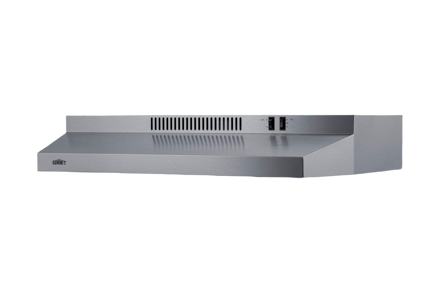 30-inch stainless steel under cabinet convertible range hood with ventilation and control switches in kitchen appliances collection