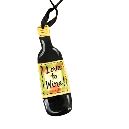 Hand-painted ceramic ornament shaped like a wine bottle with "Love to Wine!" text and black ribbon in Christmas collection