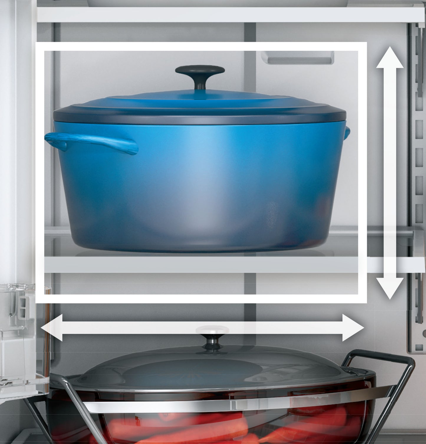 Blue ceramic pot with lid stored on glass shelf inside refrigerator with metal frame and clear door.
