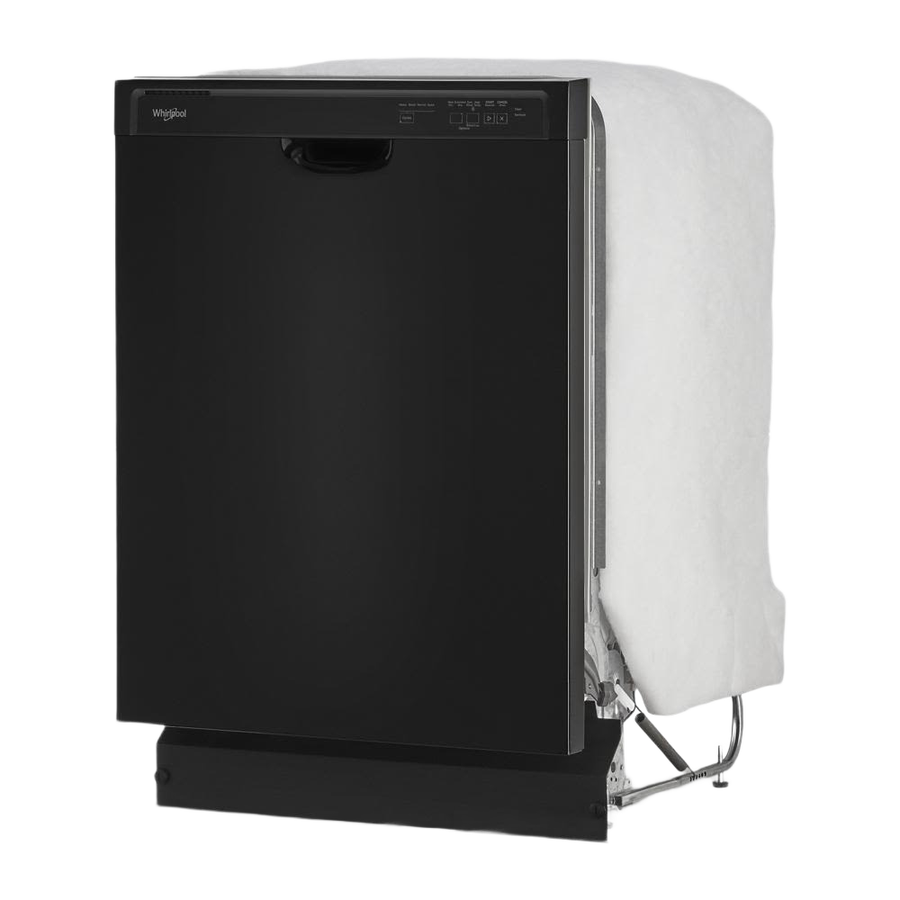 Front view of a black Whirlpool dishwasher with control panel and partially exposed insulation in Kitchen & Kitchenware collection